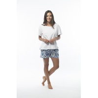 Ladies PJS White Cotton Tee and Floral Blue Shorts