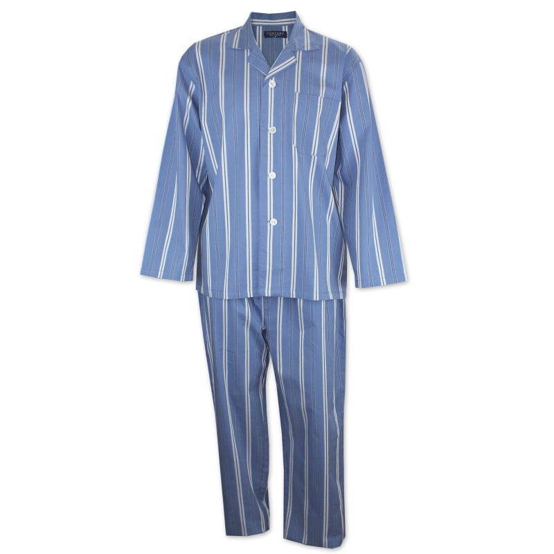 Buy Mens Pyjamas Contare Cotton Satin Long PJS Aquamarine Blue Stripe ...