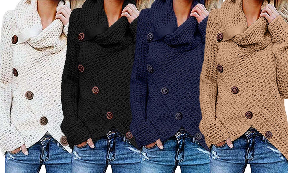 Women's Solid Color Button Pullover Sweater Turtle Cowl Neck Asymmetric Hem Knit Sweater
