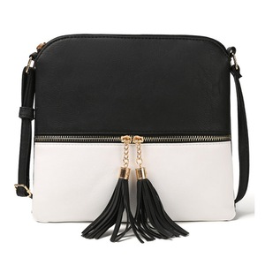 Lightweight Medium Dome Crossbody Bag Shoulder Bag with Tassel - Zipper Pocket - Adjustable Strap- Black with White
