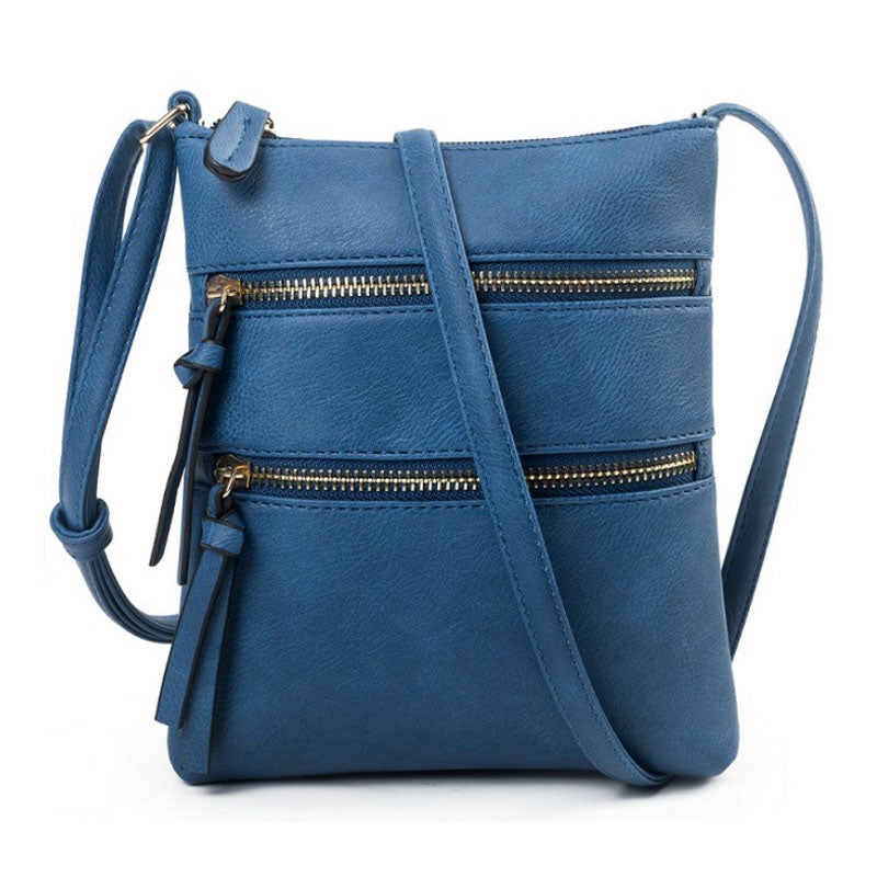 Leather Crossbody Purse for Women- 2 Zippers Small Crossover Long Over the Shoulder Sling Womens Purses and Handbags- Navy Blue