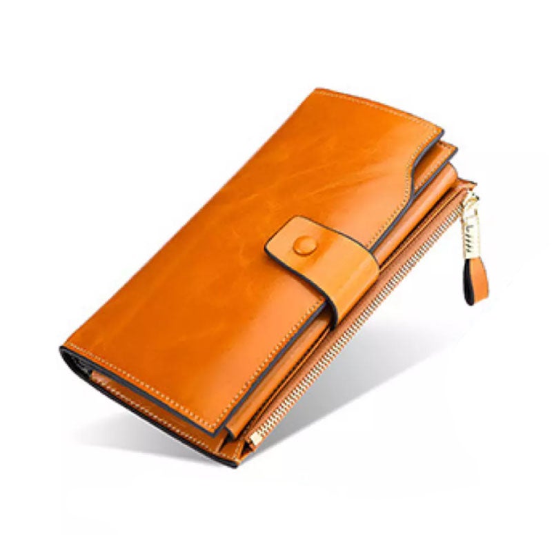 Women's RFID Blocking Large Capacity Luxury Wax Genuine Leather Clutch Wallet Ladies Card holder- Light Brown