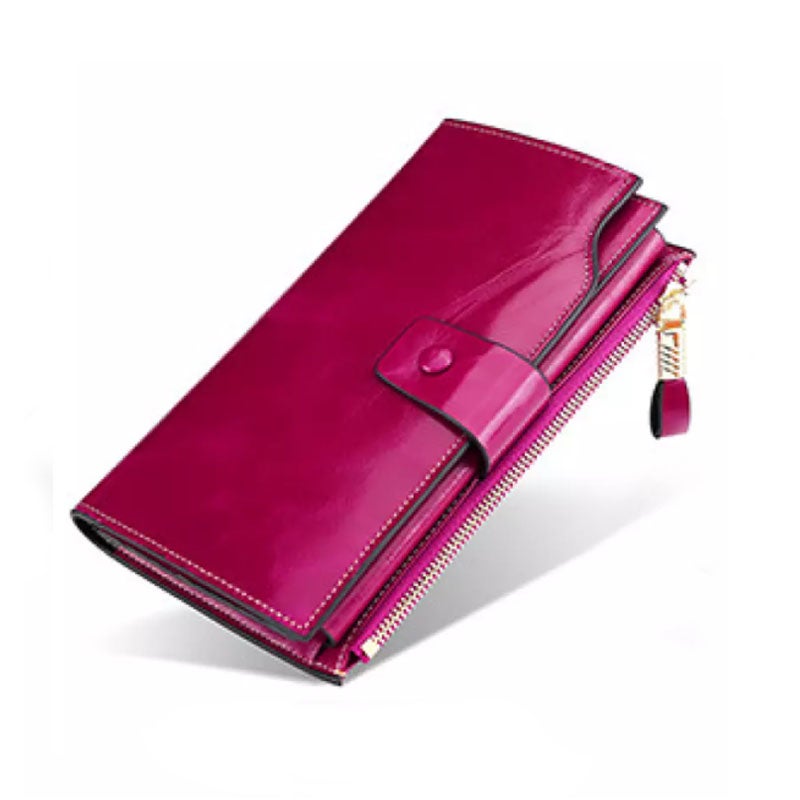 Women's RFID Blocking Large Capacity Luxury Wax Genuine Leather Clutch Wallet Ladies Card holder- Purple