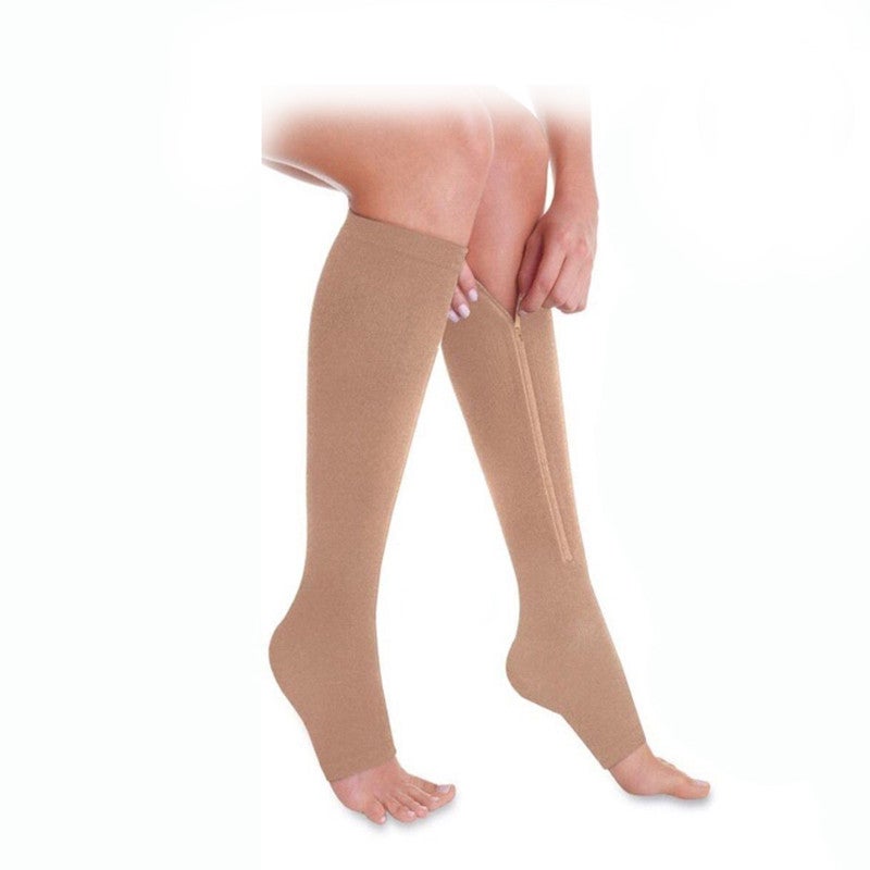 Zipper Compression Socks Calf Knee High Open Toe Compression Stocking BEIGE, Small-Medium or L-XL