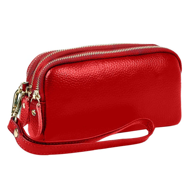 Ladies 3 Zipper Genuine Leather Wallet - Wine Red