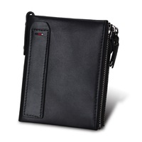 Mens Genuine Leather Bifold Wallet Double Zipper Pocket Wallet Purse- Black