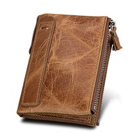 Mens Genuine Leather Bifold Wallet Double Zipper Pocket Wallet Purse- Brown