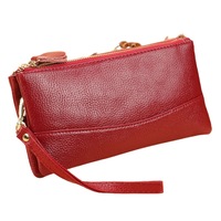 Women's Genuine Leather Wristlet Clutch Cell Phone Wallet, Multi Card Organizer Wallet Purse- Wine Red