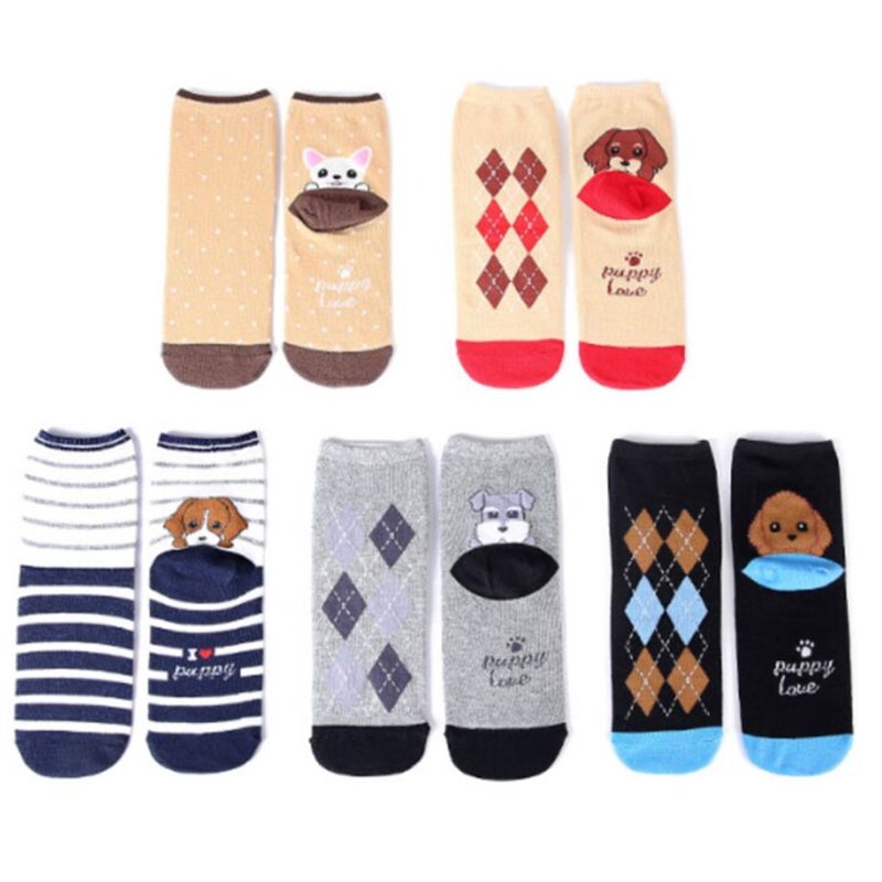 Fun Colorful Socks Patterned- Dog's Face on Socks (Back Face) 5 pairs