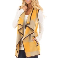 Open Front Sleeveless Plaid Vest with Pockets