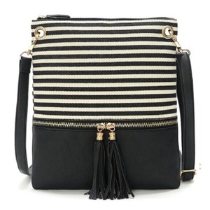 Stripe Crossbody Purse, Canvas + Faux Leather Crossover Shoulder Bag- Black