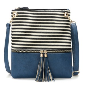 Stripe Crossbody Purse, Canvas + Faux Leather Crossover Shoulder Bag- Black with Blue
