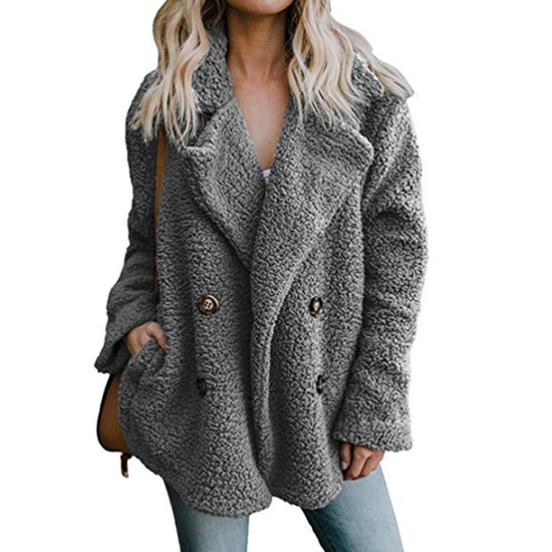 Womens Winter Fleece Teddy Bear Sherpa Jacket Coats with Pockets Outerwear- Light Grey