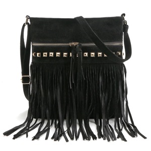 Women Faux Suede Crossbody Shoulder Bag Fringe Weave Tassel Messenger Handbag- Black