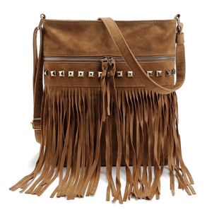 Women Faux Suede Crossbody Shoulder Bag Fringe Weave Tassel Messenger Handbag- Camel