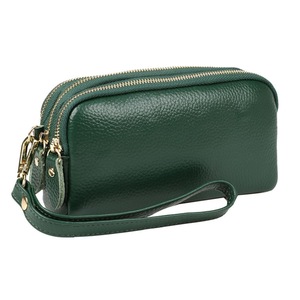 Women Long Wallet Genuine Leather 3-Layer Zipper Purse Bag Phone Bag Money Purses Clutch Wallets with Wrist Strap- Green