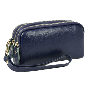 Women Long Wallet Genuine Leather 3-Layer Zipper Purse Bag Phone Bag Money Purses Clutch Wallets with Wrist Strap- Blue