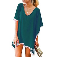 Women's Beach Cover with Little White Ball Tassel - Green