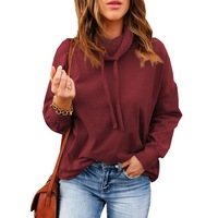 Women Casual Long Sleeve Sweatshirt Cowl Neck Drawstring Thick Dralon Loose Pullovers Shirts Tops- Red