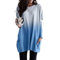 Womens Casual Gradient Long Sleeve Round Neck Pocket T Shirts Blouses Sweatshirts Tops- Orchid