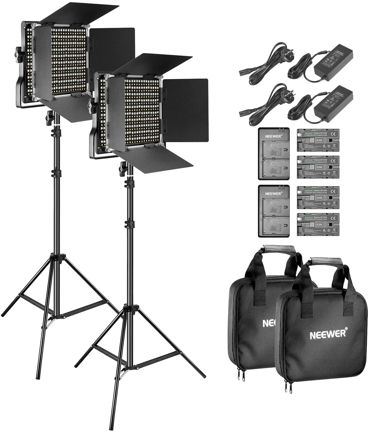 Neewer 2-Pack Bi-Color LED Video Light and Stand Kit with (4)Battery and (4)Charger-660 LED with U Bracket and Barndoor(3200-5600K),3-6.5 Feet Adjustable Light Stand for Studio,YouTube Shooting