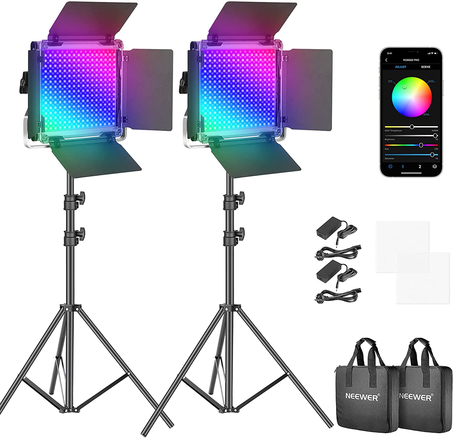 Neewer RGB Led Video Light with APP Control, 360 Full Color, 50W 660 PRO Video Lighting Kit CRI 98+ for Gaming, Streaming, Zoom,YouTube, Webex, Broadcasting, Web Conference, Photography