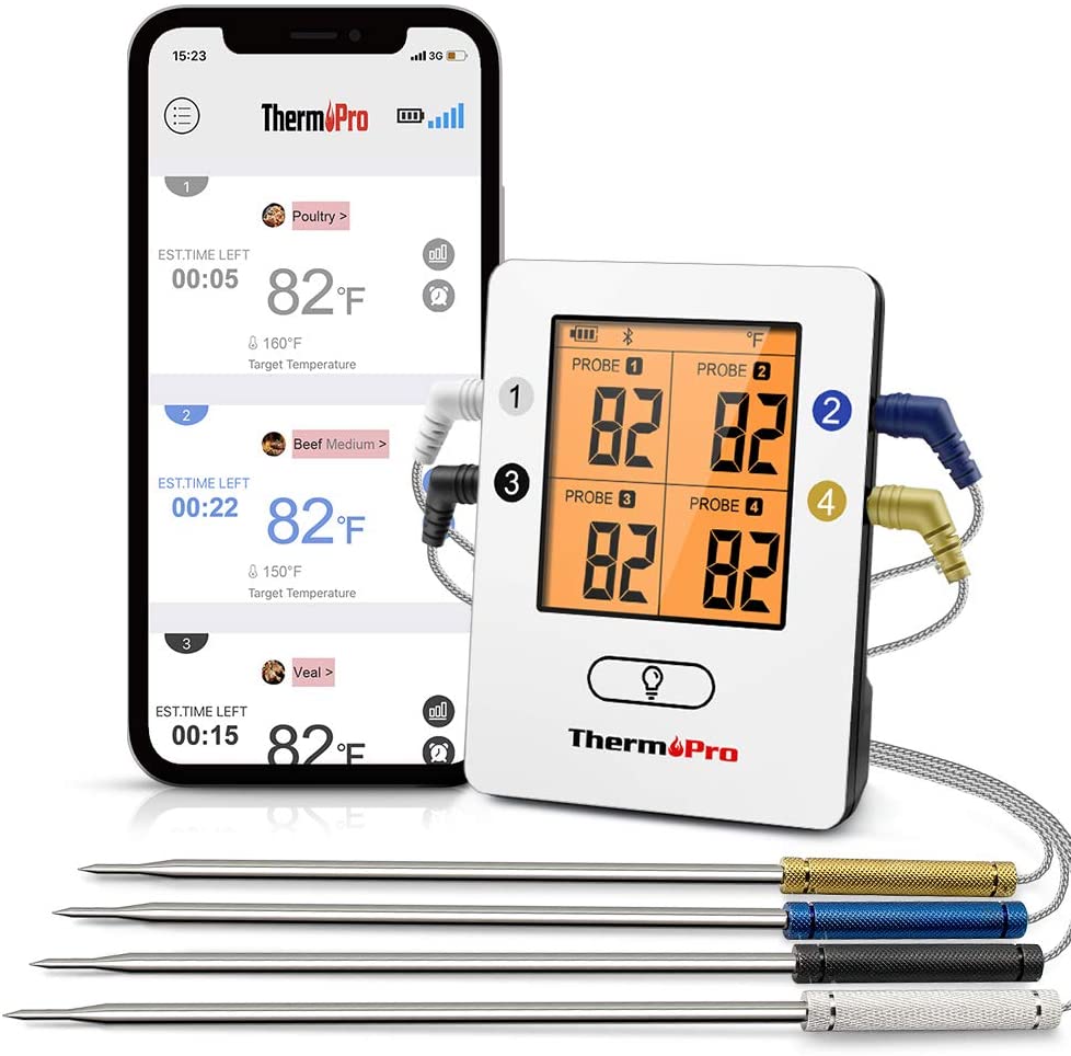 ThermoPro TP25 500ft Wireless Bluetooth Rechargeable Meat Thermometer with 4 Temperature Probes