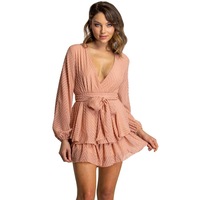 Women's Peach V-Neckline Playsuit with Ruffle Detail