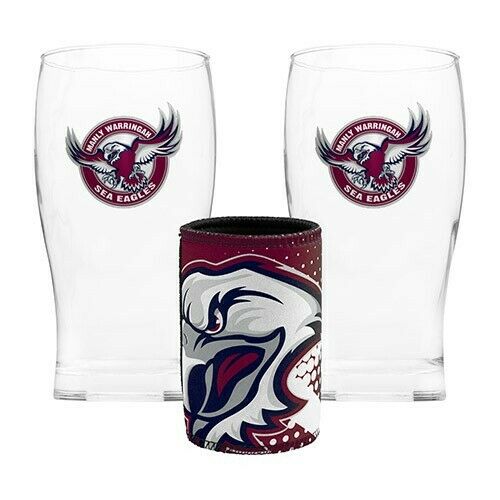 NRL Bar Set - Manly Sea Eagles - Two Pint Glasses Stubby Can Cooler Drink