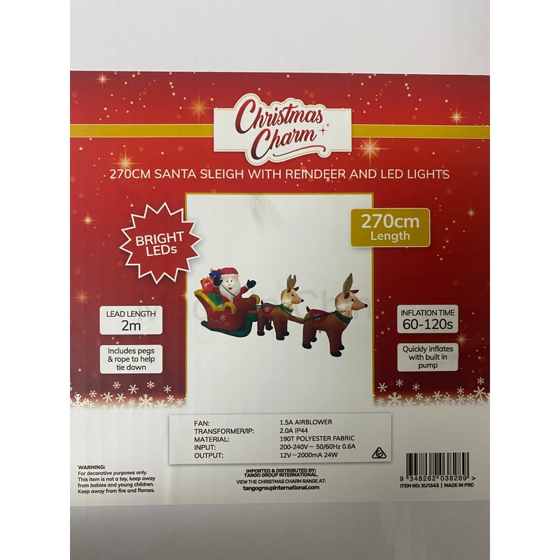 Buy Christmas Inflatables 2.7M Santa Sleigh With Reindeer, With Led