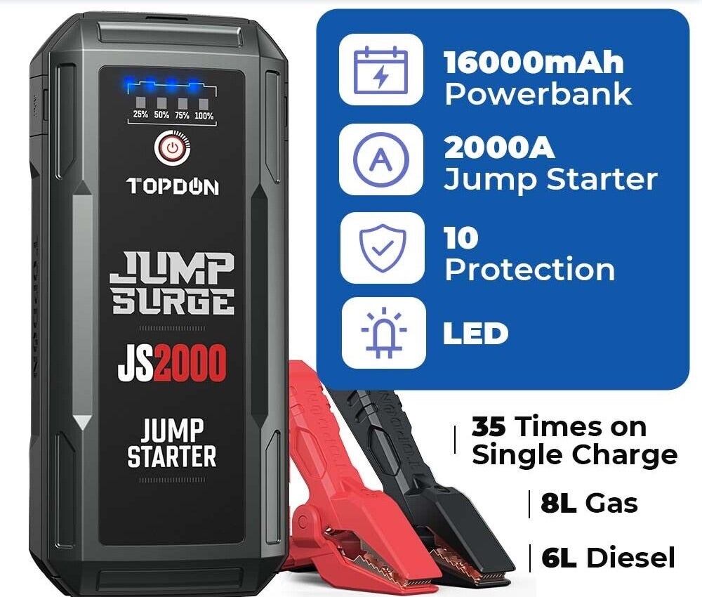 Car Battery Charger Jump Starter, TOPDON JS2000 12V 2000A Peak Battery Jump Start for Up to 8L Gas/6L Diesel Engines