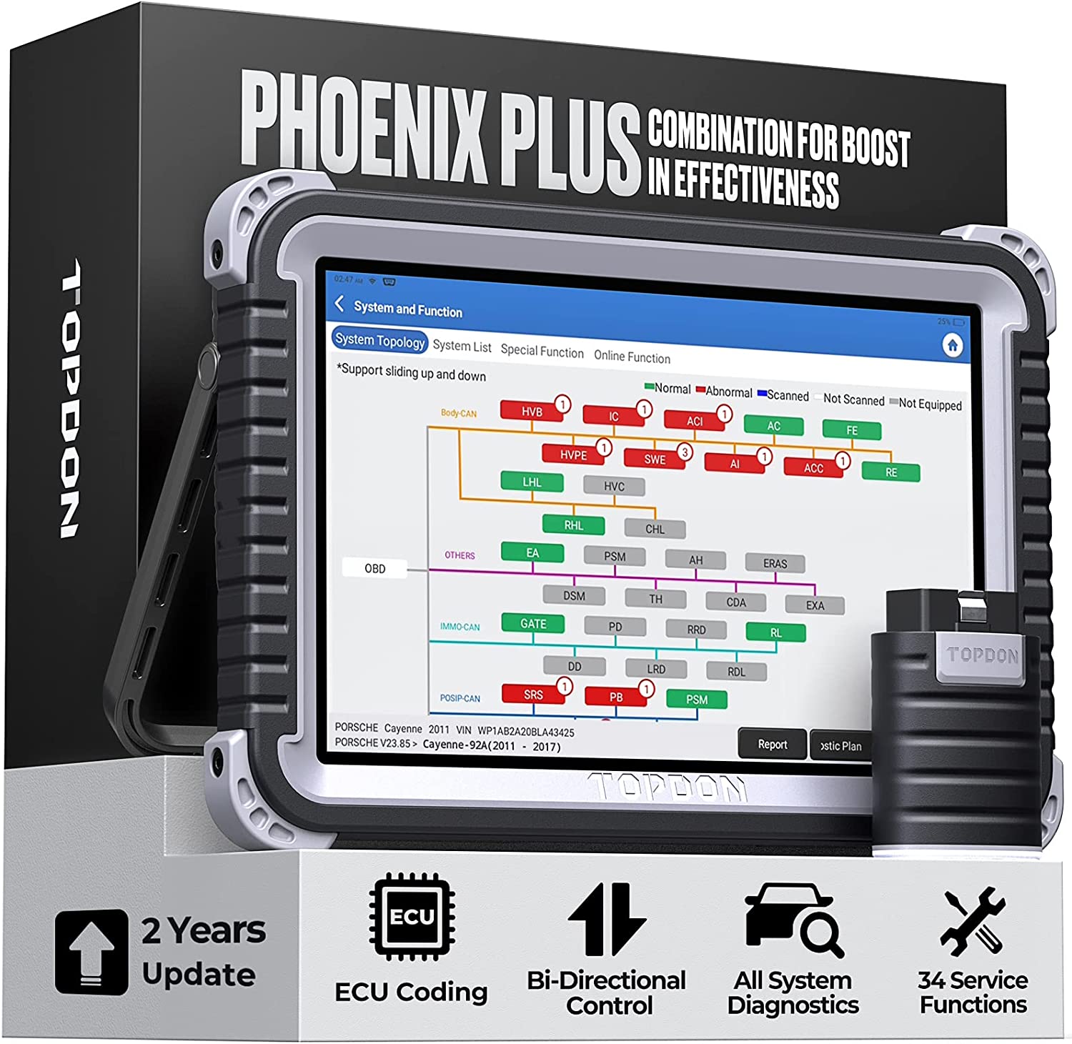TOPDON Phoenix Plus Car Diagnostic Scan Tool Bidirectional Advanced ECU Coding, Key Matching, AutoAuth for FCA SGW 35+ Service 2 Years Free Update