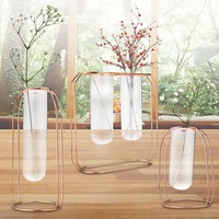 Flower Glass Tube Vase Plant Planter Container Gold Metal Line Holder Stand