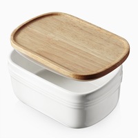 Ceramic Butter Dish, Extra Large Butter Keeper for Countertop or Fridge, Airtight Butter Container with Wooden Lid, Farmhouse Kitchen Decor and Accessories, Freezer Safe
