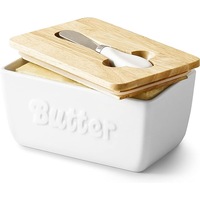Large Butter Dish, Butter Dish with Lid and Knife for Countertop or Fridge, Ceramic Butter Keeper Holds up to 4 Sticks, Airtight Butter Container, Farmhouse Kitchen Decor and Accessories, White
