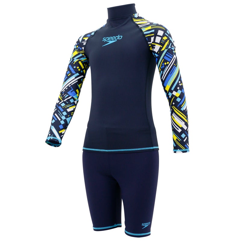 Buy Speedo Boy's Rash Guard and Swim Trunks Outfit Set, UPF 50+ Long Sleeve  Swim Shirt and Bathing Suit Swimsuit Set, True Navy/Turquoise, Size 10 -  MyDeal