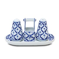 Salt & Pepper Set with Saucer Blue/White
