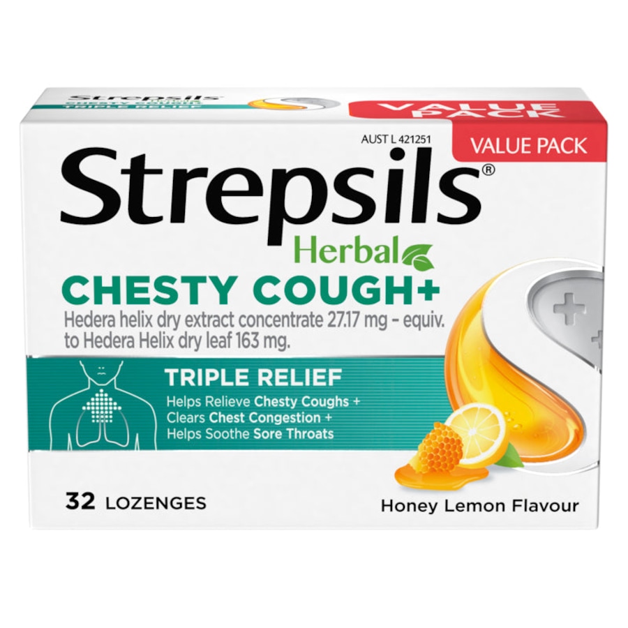 Strepsils Herbal Chesty Cough+ Triple Relief Sore Throat Lozenges Honey Lemon 32 Pack