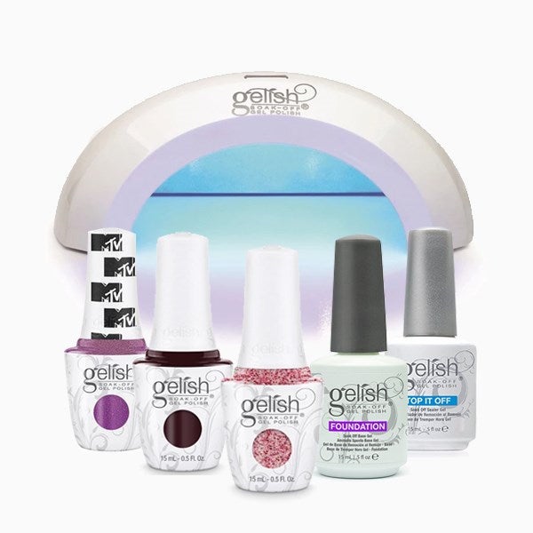 6PC GELISH PRO GEL NAIL KIT - Red/Pink Glitter/Purple - Curing Lamp, Top Coat, Base Coat, 3 Colours