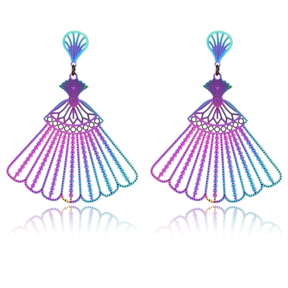 Stainless Steel Holographic Sectors Dangle Long Stud Earrings