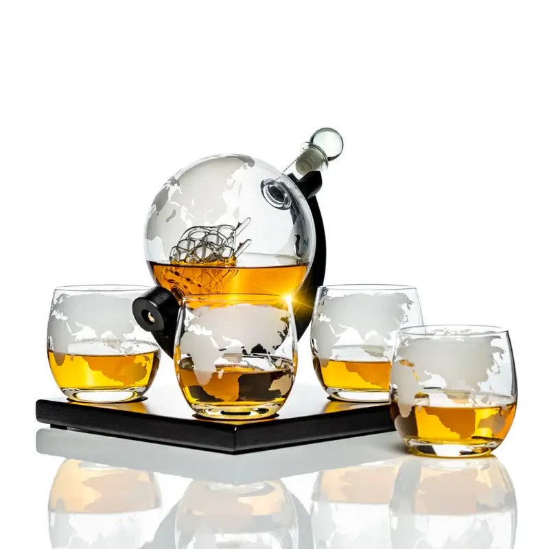 Don Vassie Whisky Globe Decanter Set, 4 Glasses, Square Base