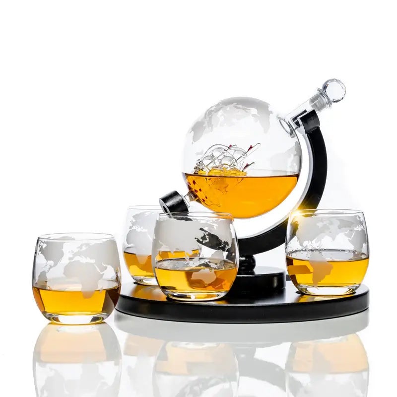 Don Vassie Etched Globe Decanter Set with 4 Etched Glasses and a Round Pine Base