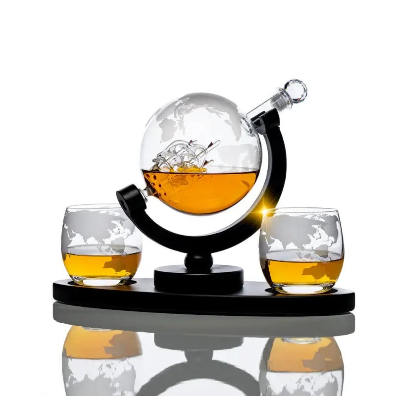Don Vassie Etched Globe Whiskey Decanter Set - 2 etched globe whiskey Glasses