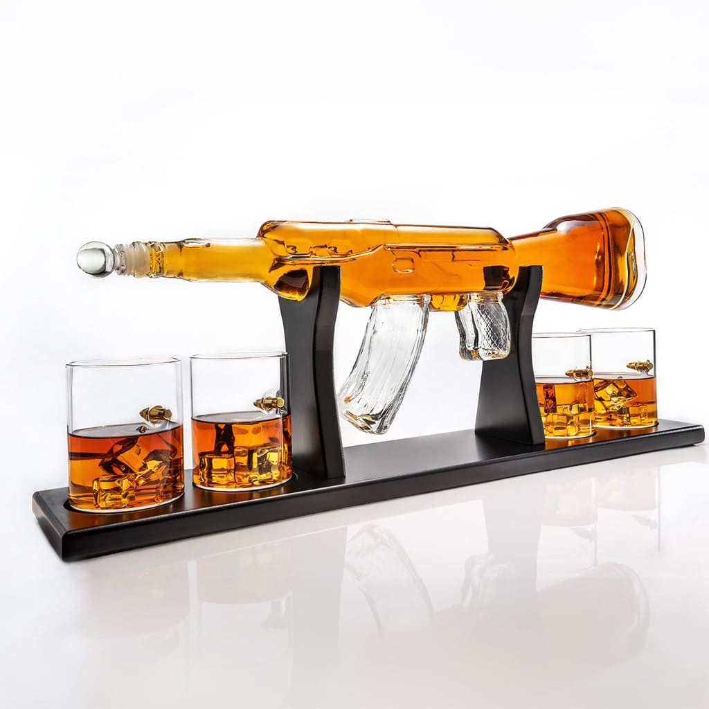 Limited Edition 800ml Elegant Rifle Gun Whiskey Decanter with 4 Bullet Whiskey Glasses and Mahogany Wooden Base