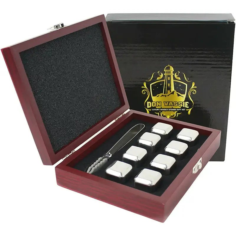 Whisky Ice Cubes Chillers - 8 Pieces (Silver)in a Elegant Wooden Gift Box