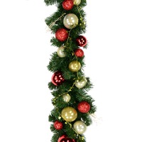 Decorated Red & Gold Bauble, Ribbon & Twigs Pine Christmas Garland - 2.7m