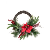Decorated Wire Spun Wreath With Berries, Mixed Foliage & Poinsettia - 50cm