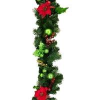 Decorated With Red Poinsettia, Mistletoe, Foliage & Baubles Pine Garland - 2.3m