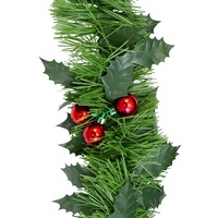 Holly Leaf & Red Metallic Berry Clusters Pine Christmas Tinsel Garland - 5m