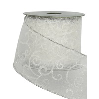 White Filigree Pattern Organza Christmas Ribbon With Silver Edging - 3m